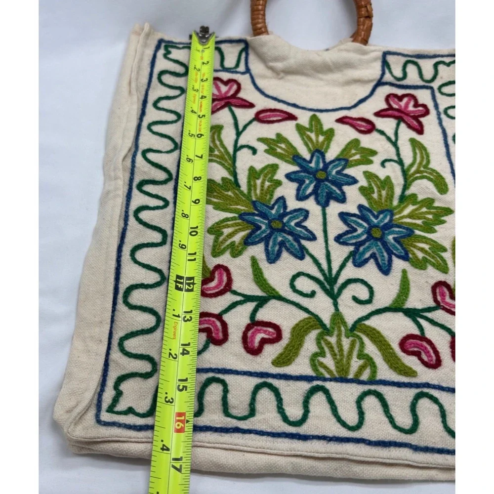 Vintage Boho Embroidered Floral Artisan Tote Bag Round Woven Handle Canvas Purse